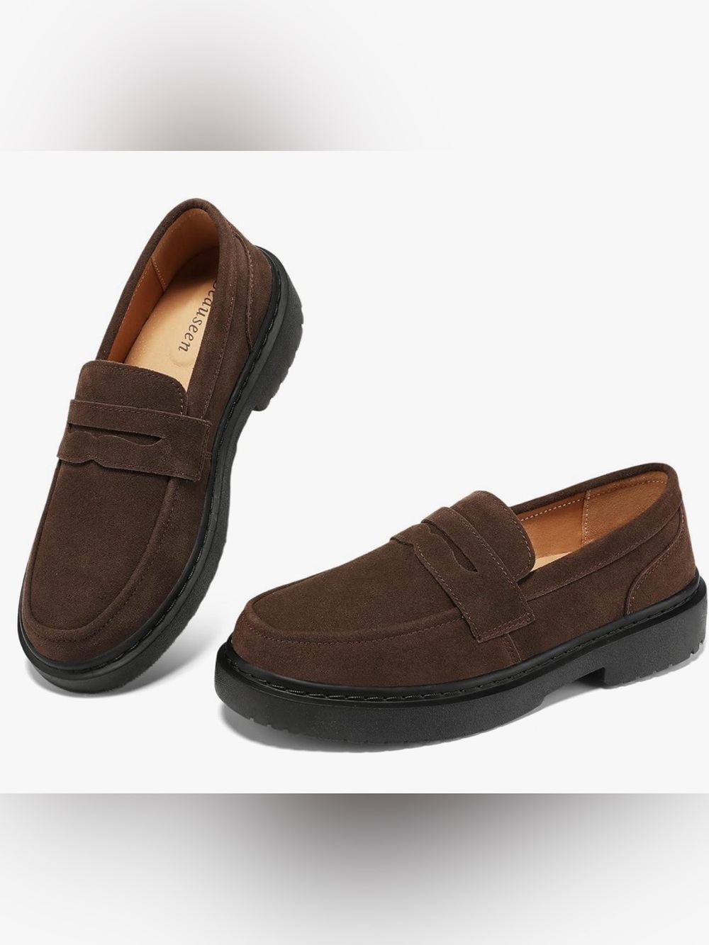 Beauseen|Chocolate brown chunky Suede Penny Loafers-Classic Casual Dress Shoes•
